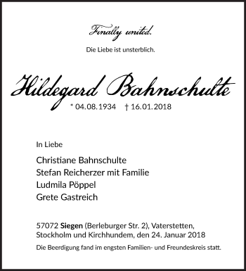 Traueranzeige von Hildegard Bahnschulte von Siegener Zeitung