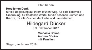Traueranzeige von Hildegard Dücker von Siegener Zeitung