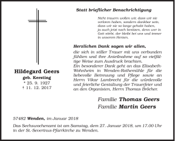 Traueranzeige von Hildegard Geers von Siegener Zeitung
