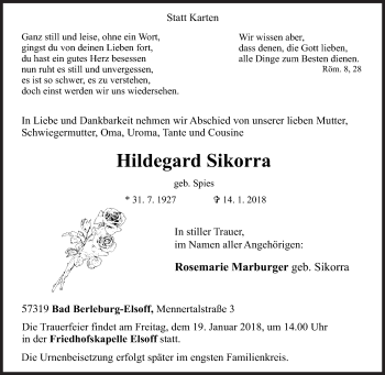 Traueranzeige von Hildegard Sikorra von Siegener Zeitung