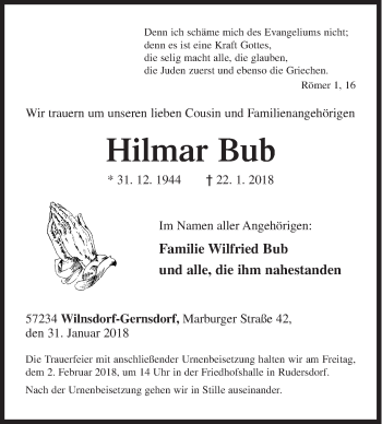 Traueranzeige von Hilmar Bub von Siegener Zeitung