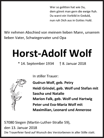 Traueranzeige von Horst-Adolf Wolf von Siegener Zeitung