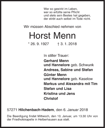 Traueranzeige von Horst Menn von Siegener Zeitung