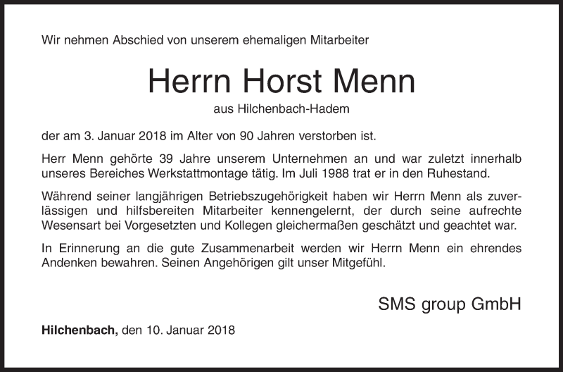  Traueranzeige für Horst Menn vom 10.01.2018 aus Siegener Zeitung