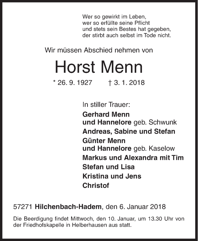  Traueranzeige für Horst Menn vom 06.01.2018 aus Siegener Zeitung