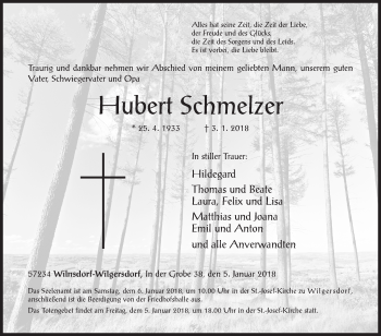 Traueranzeige von Hubert Schmelzer von Siegener Zeitung