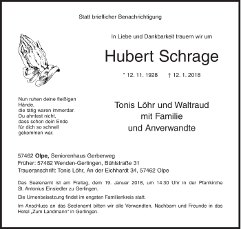 Traueranzeige von Hubert Schrage von Siegener Zeitung