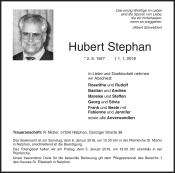 Traueranzeige von Hubert Stephan von Siegener Zeitung