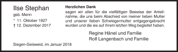 Traueranzeige von Ilse Stephan von Siegener Zeitung