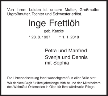Traueranzeige von Inge Frettlöh von Siegener Zeitung