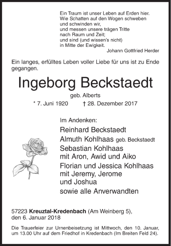 Traueranzeige von Ingeborg Beckstaedt von Siegener Zeitung