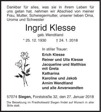Traueranzeige von Ingrid Klesse von Siegener Zeitung