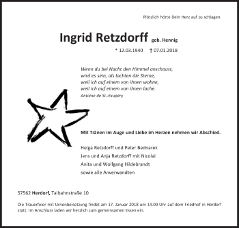 Traueranzeige von Ingrid Retzdorf von Siegener Zeitung