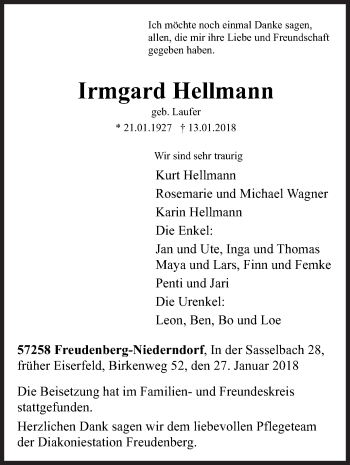 Traueranzeige von Irmgard Hellmann von Siegener Zeitung