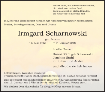 Traueranzeige von Irmgard Scharnowski von Siegener Zeitung