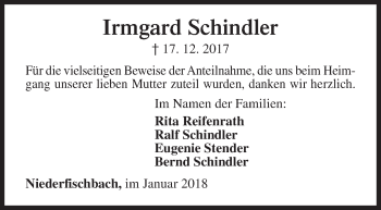 Traueranzeige von Irmgard Schindler von Siegener Zeitung