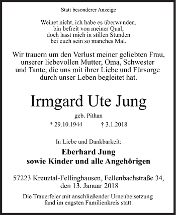 Traueranzeige von Irmgard Ute Jung von Siegener Zeitung