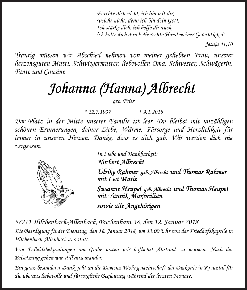  Traueranzeige für Johanna  Albrecht vom 12.01.2018 aus Siegener Zeitung