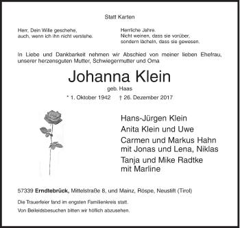 Traueranzeige von Johanna Klein von Siegener Zeitung
