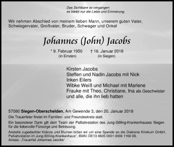 Traueranzeige von Johannes Jacobs von Siegener Zeitung