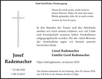 Traueranzeige von Josef Rademacher von Siegener Zeitung