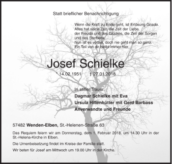 Traueranzeige von Josef Schielke von Siegener Zeitung