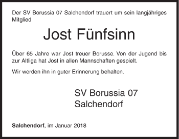 Traueranzeige von Jost Fünfsinn von Siegener Zeitung