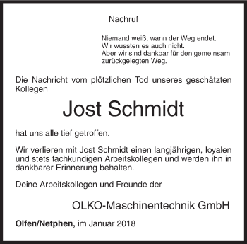 Traueranzeige von Jost Schmidt von Siegener Zeitung