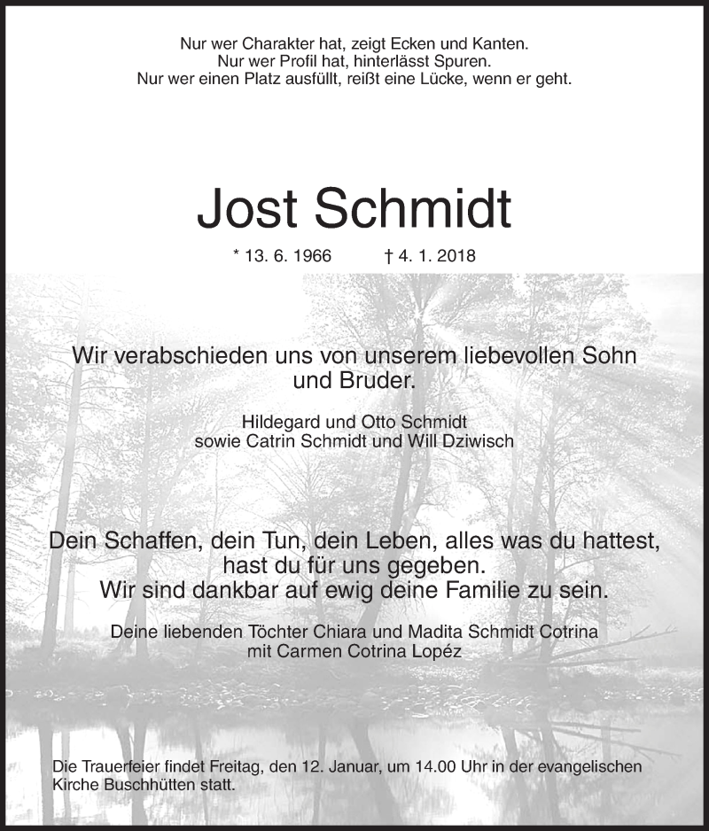  Traueranzeige für Jost Schmidt vom 06.01.2018 aus Siegener Zeitung