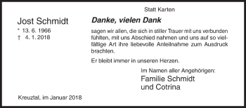Traueranzeige von Jost Schmidt von Siegener Zeitung