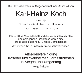 Traueranzeige von Karl-Heinz Koch von Siegener Zeitung