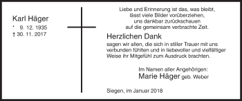 Traueranzeige von Karl Häger von Siegener Zeitung