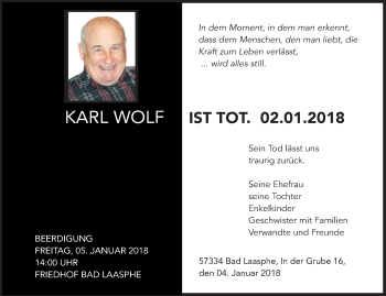 Traueranzeige von Karl Wolf von Siegener Zeitung