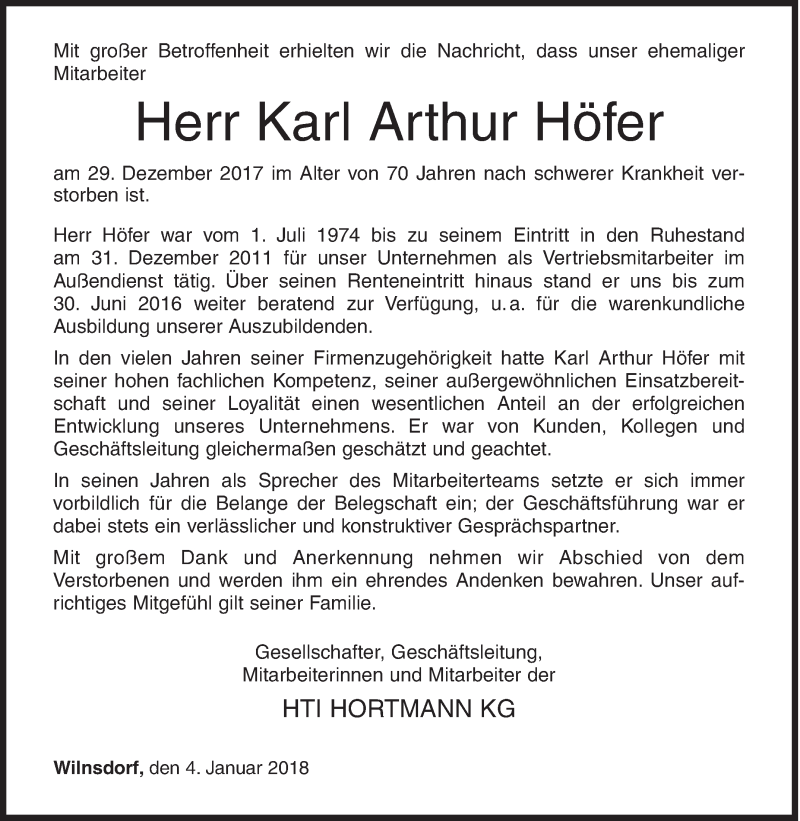  Traueranzeige für Karl Arthur Höfer vom 04.01.2018 aus Siegener Zeitung