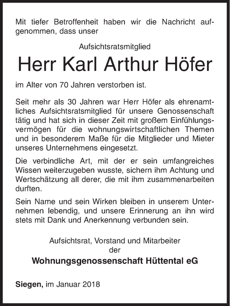  Traueranzeige für Karl Arthur Höfer vom 03.01.2018 aus Siegener Zeitung