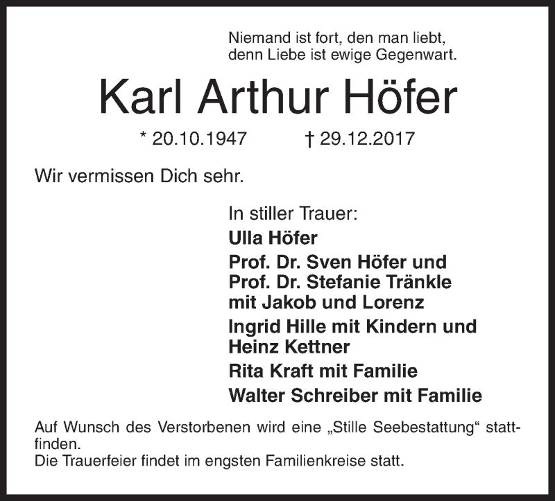  Traueranzeige für Karl Arthur Höfer vom 02.01.2018 aus Siegener Zeitung