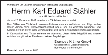 Traueranzeige von Karl Eduard Stähler von Siegener Zeitung