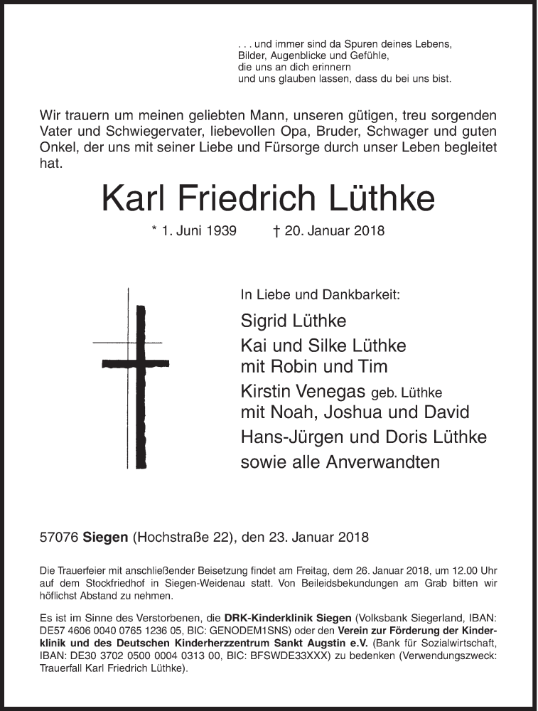  Traueranzeige für Karl Friedrich Lüthke vom 23.01.2018 aus Siegener Zeitung