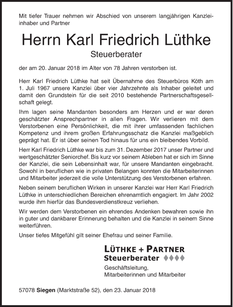  Traueranzeige für Karl Friedrich Lüthke vom 23.01.2018 aus Siegener Zeitung