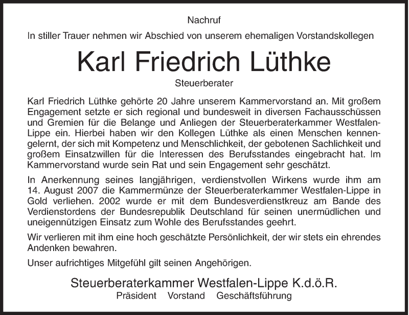  Traueranzeige für Karl Friedrich Lüthke vom 23.01.2018 aus Siegener Zeitung