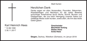 Traueranzeige von Karl Heinrich Hees von Siegener Zeitung