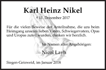 Traueranzeige von Karl Heinz Nikel von Siegener Zeitung