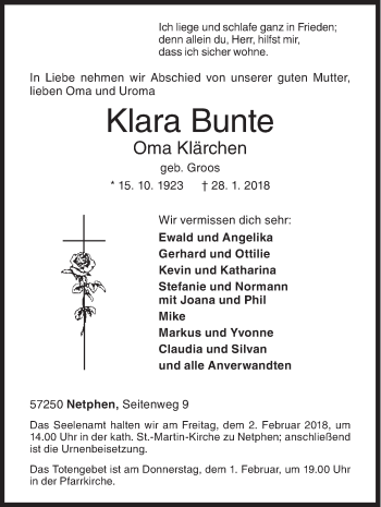 Traueranzeige von Klara Bunte von Siegener Zeitung