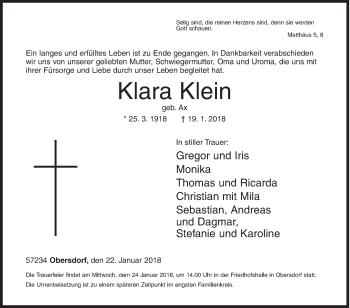 Traueranzeige von Klara Klein von Siegener Zeitung