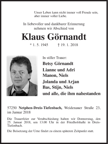 Traueranzeige von Klaus Görnandt von Siegener Zeitung