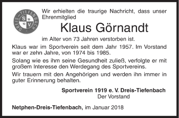 Traueranzeige von Klaus Görnandt von Siegener Zeitung