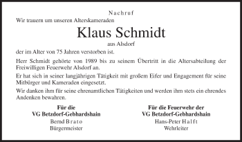 Traueranzeige von Klaus Schmidt von Siegener Zeitung