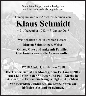 Traueranzeige von Klaus Schmidt von Siegener Zeitung