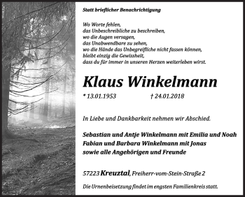 Traueranzeige von Klaus Winkelmann von Siegener Zeitung