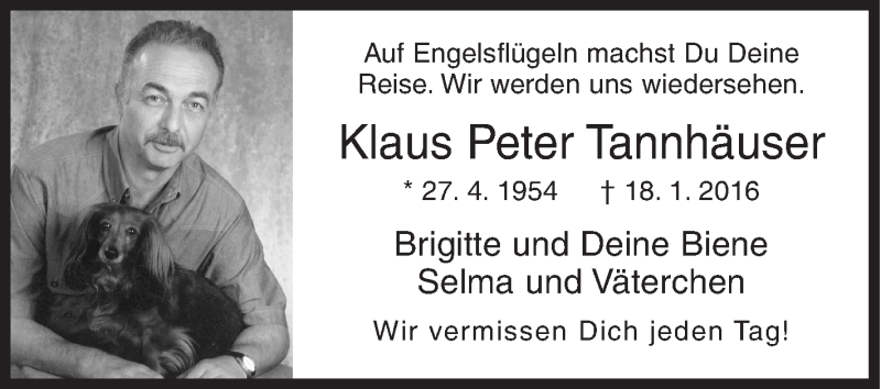  Traueranzeige für Klaus Peter Tannhäuser vom 18.01.2018 aus Siegener Zeitung